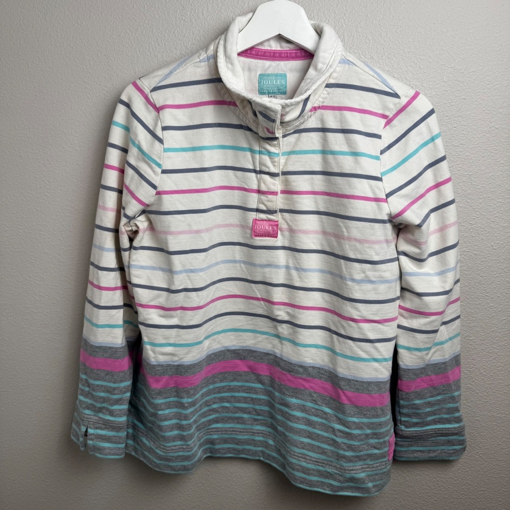Joules Cowdray Striped Funnel Neck Pullover Preppy Size 10 White Pink Blue Grey